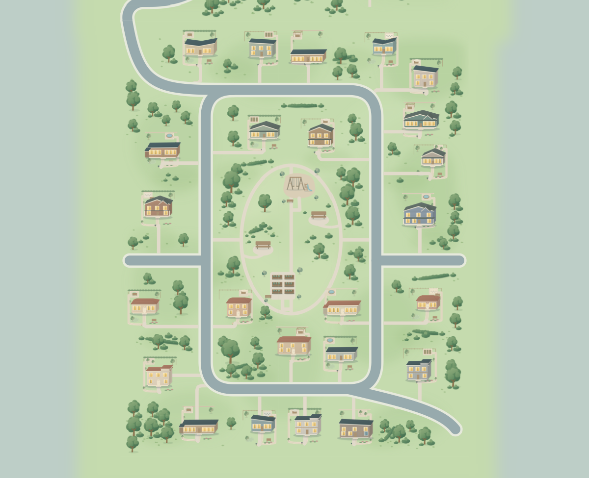 An illustrated neighborhood with houses and trees